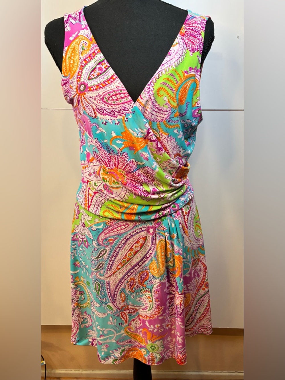 Lauren Ralph Lauren Petite Paisley Faux Wrap Dress Sleeveless Stretch Size PM